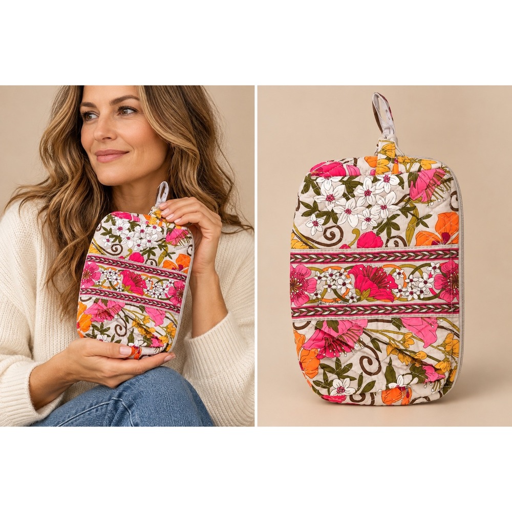 Vera Bradley Women Cosmetic Bag OS Pink Orange Sun Valley Floral Quilted Pouch